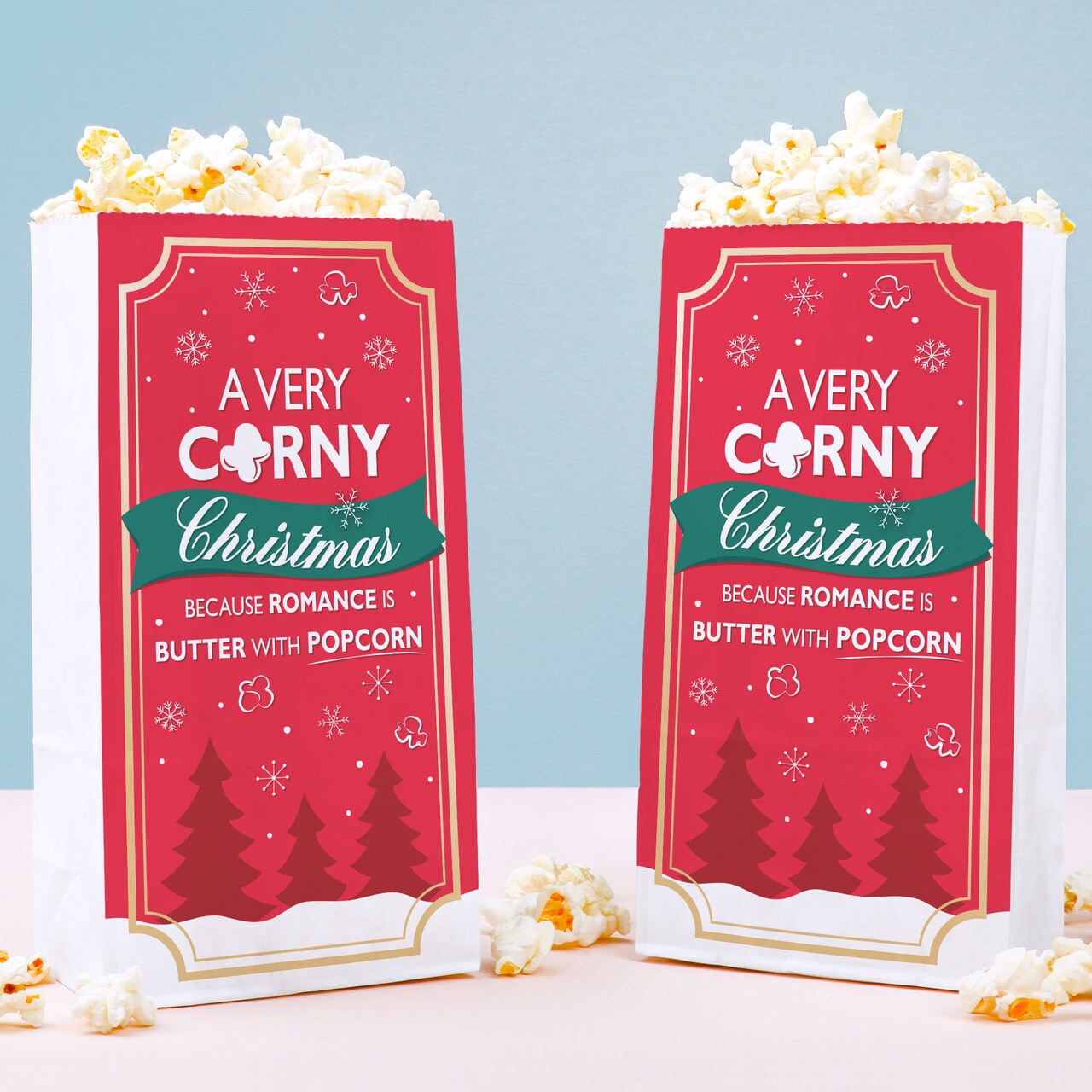 Big Dot of Happiness Christmas Movie Popcorn Bags, Funy Holiday Rom Com Movie Night, Free-Standing Individual White Paper Bags - 25 Count